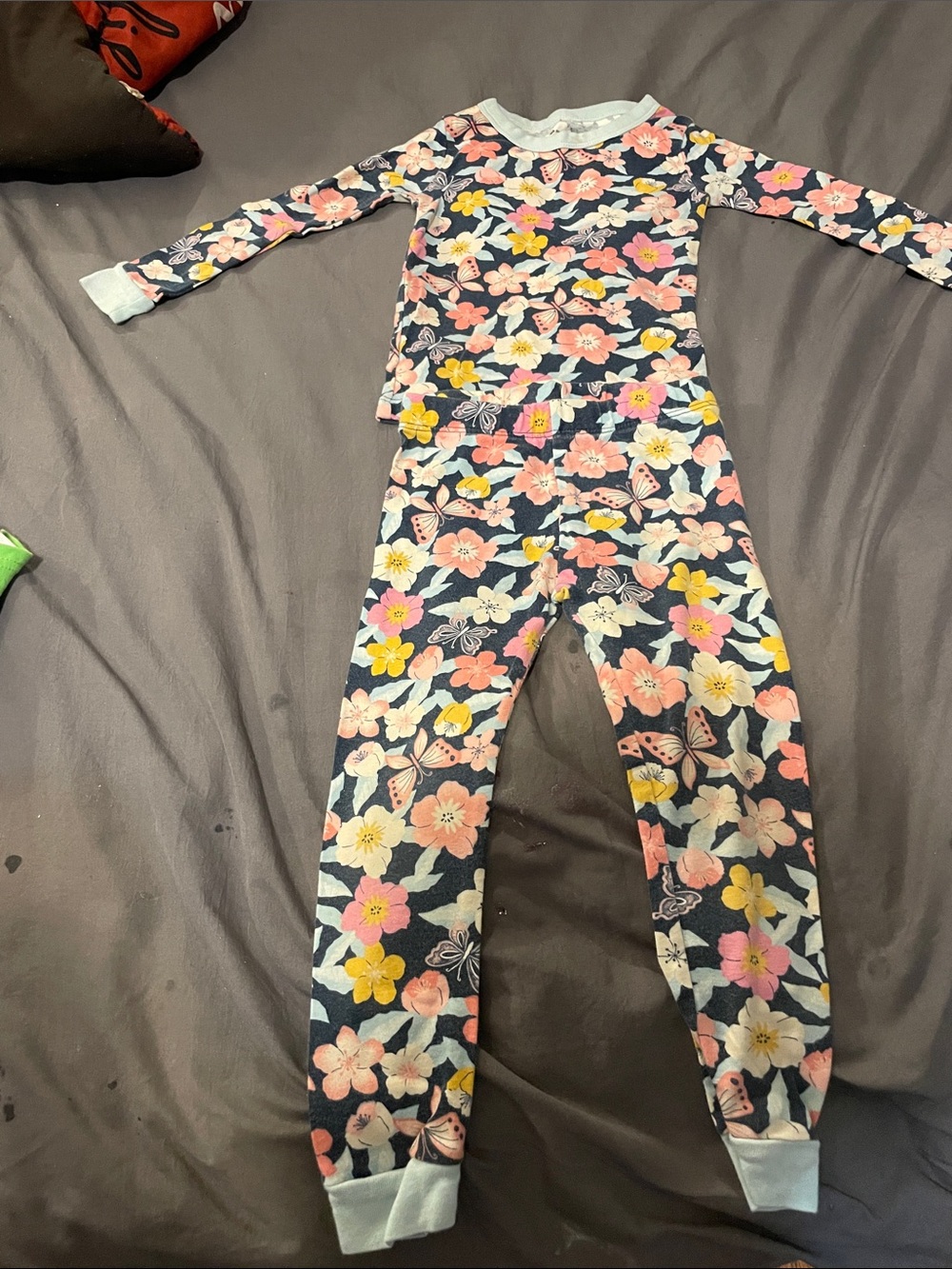 Girls Floral Navy Long Sleeve Pajama Set - Pink & Yellow Flowers